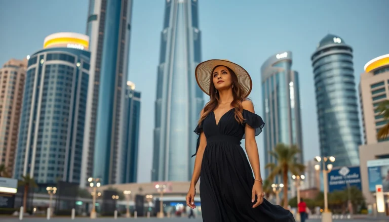 An elegant woman in a long black dress and straw hat walks through a modern plaza in Dubai with the towering glass skyscrapers of the city skyline behind her.