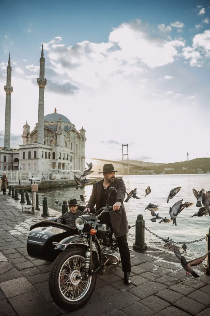sunrise motorcycle photo with father and son at Ortaköy Mosque, Bosphorus Bridge and pigeons